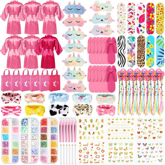 Suhine 6 Sets Girls Spa Birthady Party Supplies Birthday Print Satin Robe Tote Bags Spa Kit Nail Salon Kit(Pink Series)