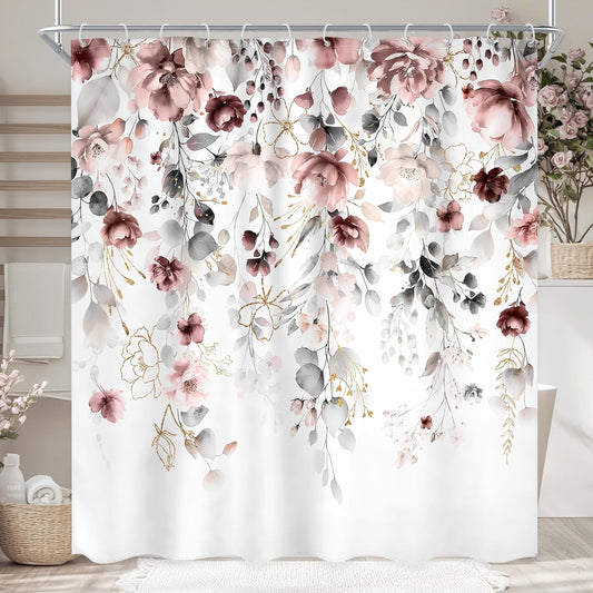 Floral Flower Shower Curtain 72Wx72L Inch Grey Pink Floral Blossom Leaves Girls Watercolor Eucalyptus Botanical Wildflower Plant Bathroom Set Rustic Bath Curtain Bathtub Accessories Home Decor