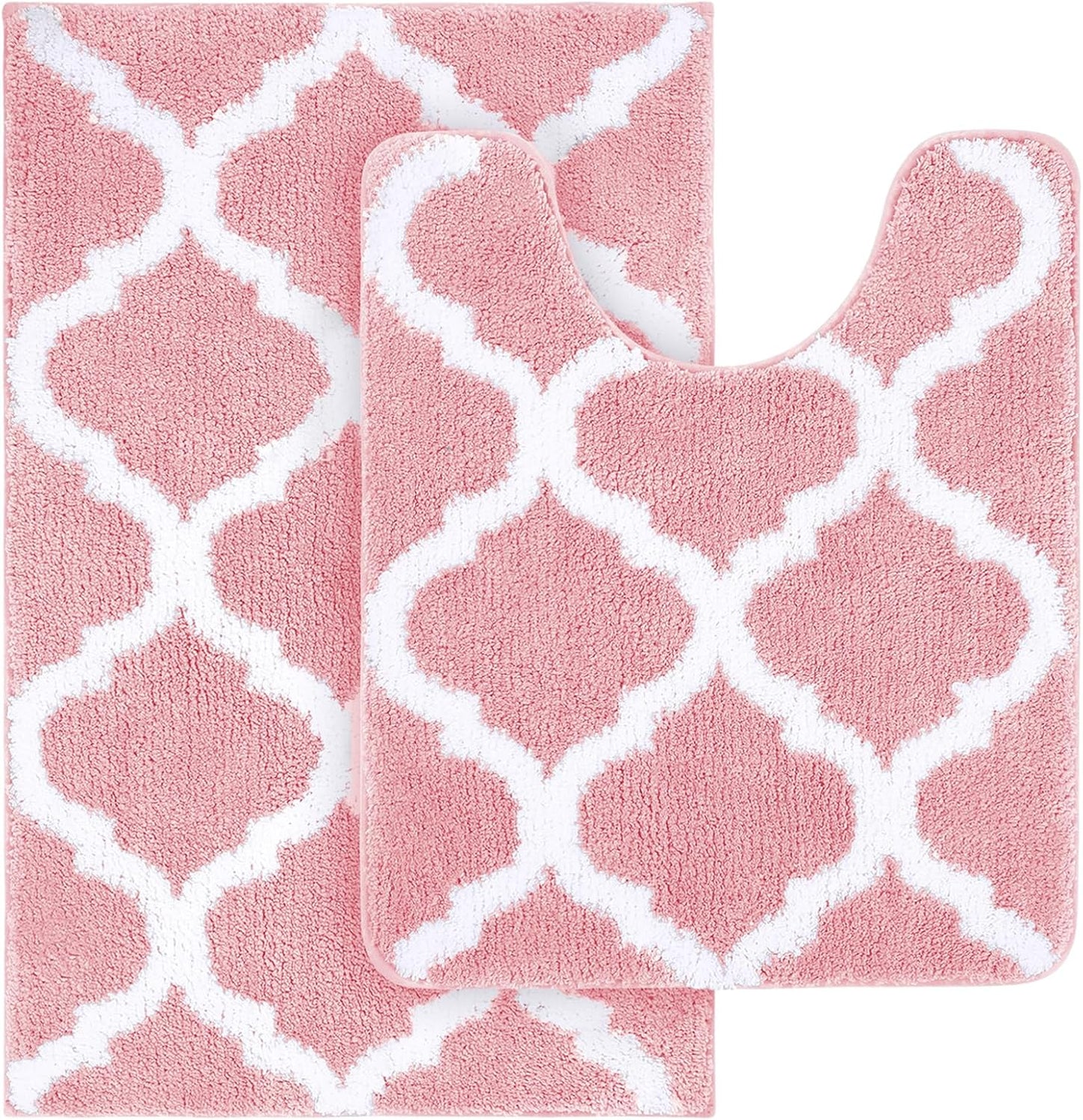 OLANLY Bathroom Rugs Set 2 Piece, Microfiber Bath Shower Mat and U-Shaped Toilet Rug, Machine Wash Dry, Non-Slip Absorbent Shaggy Bath Mats for Tub, Shower and Bathroom (30"x20"+24"x20", Pink)