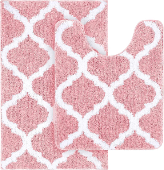 OLANLY Bathroom Rugs Set 2 Piece, Microfiber Bath Shower Mat and U-Shaped Toilet Rug, Machine Wash Dry, Non-Slip Absorbent Shaggy Bath Mats for Tub, Shower and Bathroom (30"x20"+24"x20", Pink)