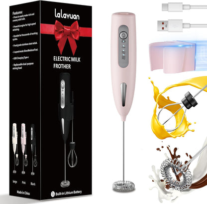 Electric Milk Frother, Three speed adjustment, USB Rechargeable Cordless Hand Blender with Sticky Stand Included, 304 stainless steel Egg Beater, Mixed Drinks, Coffee Stirrers (Pink set)