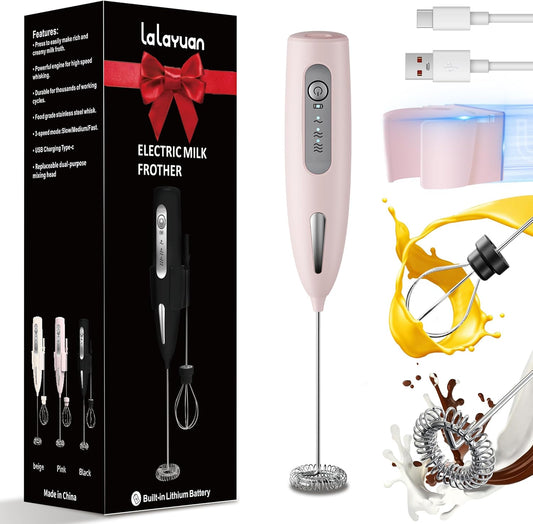 Electric Milk Frother, Three speed adjustment, USB Rechargeable Cordless Hand Blender with Sticky Stand Included, 304 stainless steel Egg Beater, Mixed Drinks, Coffee Stirrers (Pink set)