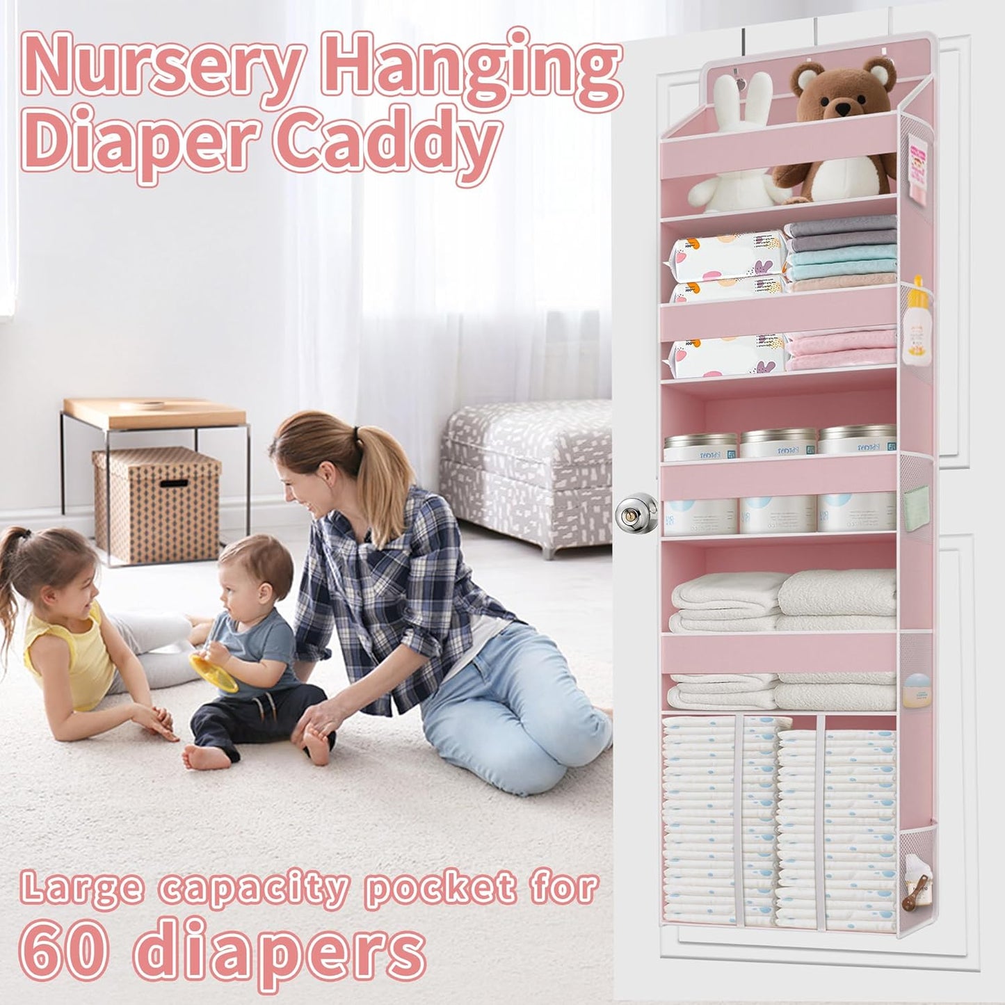 TAHAVICE 1 PC Pink Over the Door Organizer with 1 Large Capacity Caddy, 4 Shelf & 10 Mesh Side Pockets, Pink Stuff Hanging Storage and Girl Essentials Closet Organizer for Cute Room, Bedroom