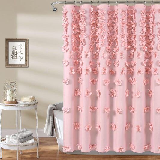 Lush Decor Riley Shower Curtain, 72" W x 72" L, Pink - Bathroom Curtain - Coquette Decor - Bow Shower Curtains - Cottage Core - Fabric Shower Curtains