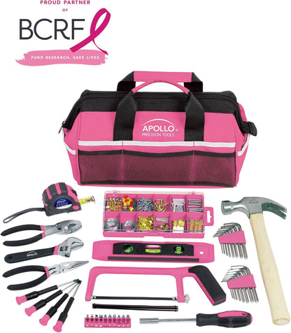 Apollo Tools 201 Piece Home Tool Set, Pink Tool Set Includes Hacksaw, Picture Hanging Assortment, and Selection of Most Needed Tools in Sturdy Tool Bag - Pink Ribbon - DT0020P