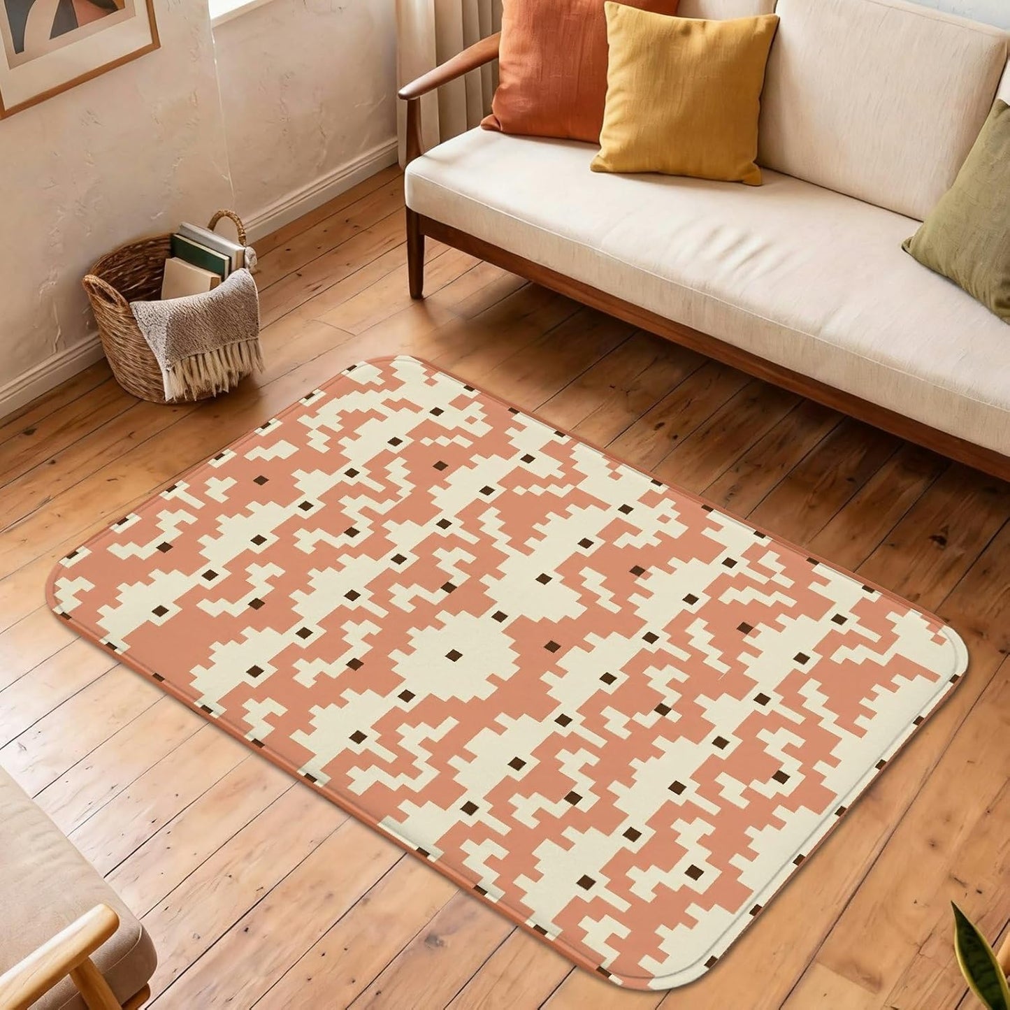 Square Area Rug, Modern Contemporary Rectangle Pixel None Peach Low Pile Sponge Aesthetic Rectangle Home Floor Carpet Rugs for Living Room Bedroom New Home Dining Decor 4' X 6'