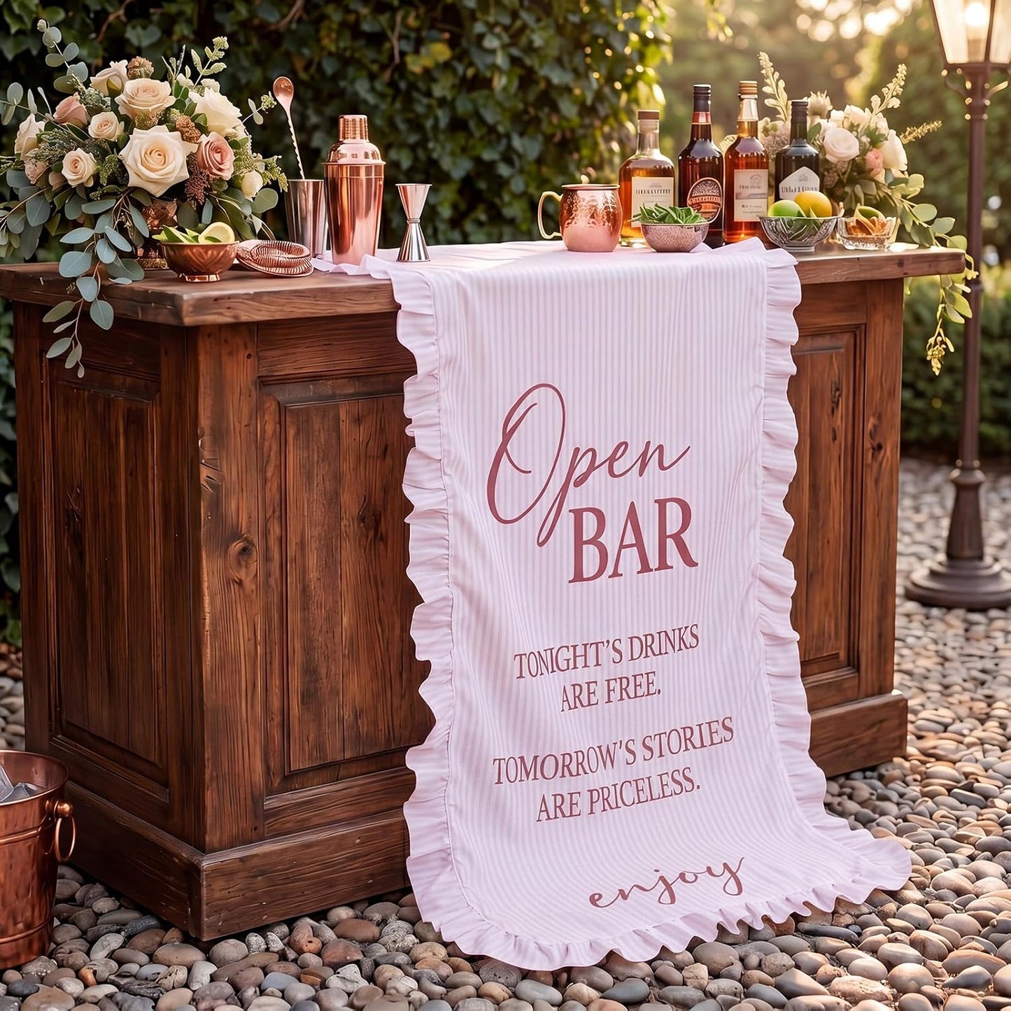 Fanfanwin Fabric Wedding Bar Sign with Ruffle Wedding Open Bar Table Decorations 24" x 51" Ruffle Table Runner for Bridal Shower Ceremony Engagement Reception Outdoor Decor(Pink)