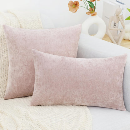decorUhome Chenille Blush Pink Summer Throw Pillow Covers 12x20 Inch Set of 2, Decorative Soft Couch Pillow Covers Solid Dyed Accent Farmhouse Neutral Rectangle Pillow Cases for Sofa