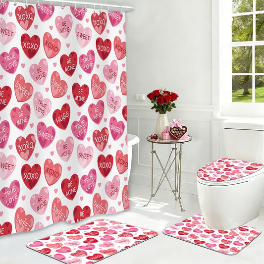 MEHOFOND 4pcs Valentines Shower Curtain Set Pink and Red Conversation Hearts Shower Curtain Sets for Valentine Heart Candy Bathroom Decor Curtains with Non-Slip Rugs Toilet Lid Cover and Bath Mat