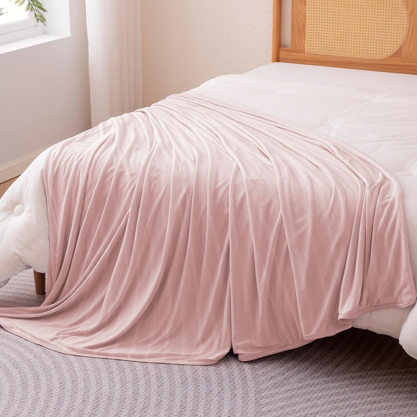 Amazon Basics Striped Cooling Blanket for Hot Sleepers, Reversible Lightweight Thin Throw Blanket for Bed, Couch and Sofa, Throw (50" x 70"), Pink Striped