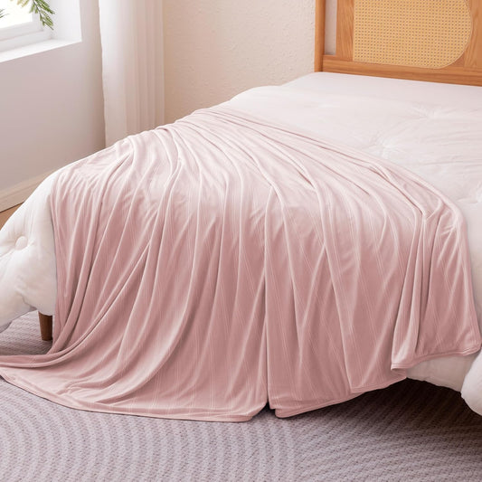 Amazon Basics Striped Cooling Blanket for Hot Sleepers, Reversible Lightweight Thin Throw Blanket for Bed, Couch and Sofa, Throw (50" x 70"), Pink Striped