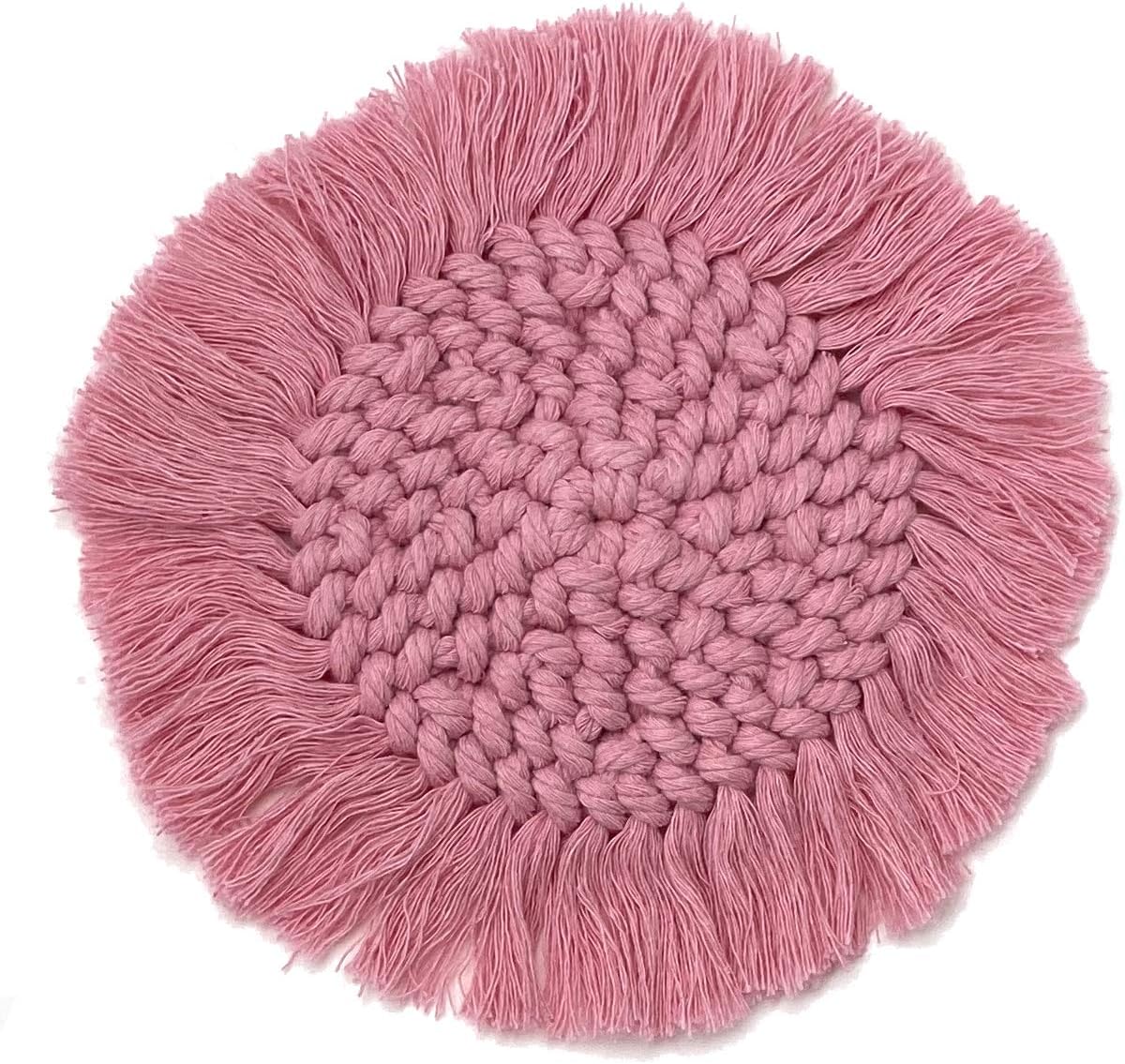 Set of 2 Macrame Handmade Cotton Coasters- Elegant and Absorbent 7-inch Round Woven Boho Coaster Set with Fringe Tassels for Drinks and Mugs, Spiral Weave (Pink, 2)