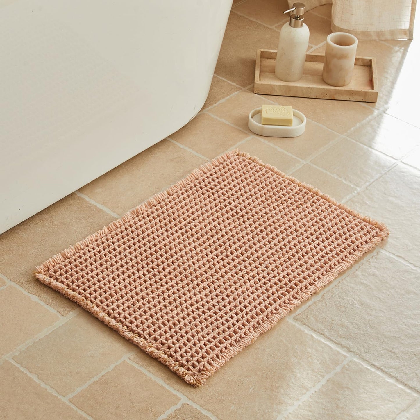 Triohero Waffle Bath Mat, Small Boho Bathroom Rugs Non Slip Washable, Ultra Soft Super Absorbent Quick Dry Farmhouse Bathroom Decor, 16" x 24", Light Peachy