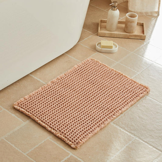 Triohero Waffle Bath Mat, Small Boho Bathroom Rugs Non Slip Washable, Ultra Soft Super Absorbent Quick Dry Farmhouse Bathroom Decor, 16" x 24", Light Peachy