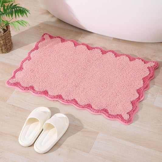 ORTIGIA Small Pink Scalloped Bath Mat, Cute Plush Microfiber Scallop Bathroom Rugs Non Slip Washable Quick Dry Absorbent, Bathmat Carpet for Shower Stall Vanities Kitchen Floor Entrance, 17x24