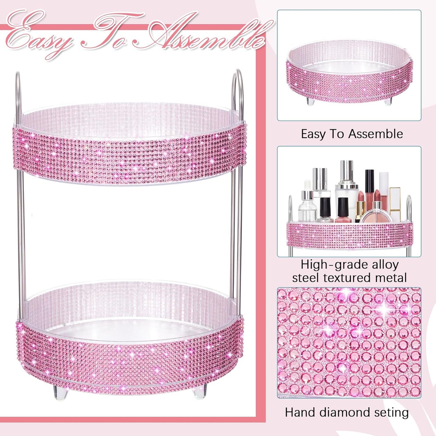 Honeydak 360 Rotating Perfume Organizer for Mother Day Nurse Day Rhinestone Bathroom Counter Organizer Makeup Holder Skincare and Perfume Storage for Cosmetic Countertop(2 Tiers,Resin Stone,Pink)