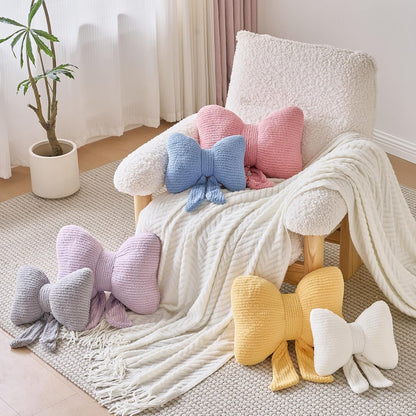 Bow Pillow, Decorative Throw Pillows with Soft Plush, Bow Throw Pillow for Couch Bed, Home Decor Bow Shaped Pillow for Bedroom Living Room (Grey Pink, 16 Inches)