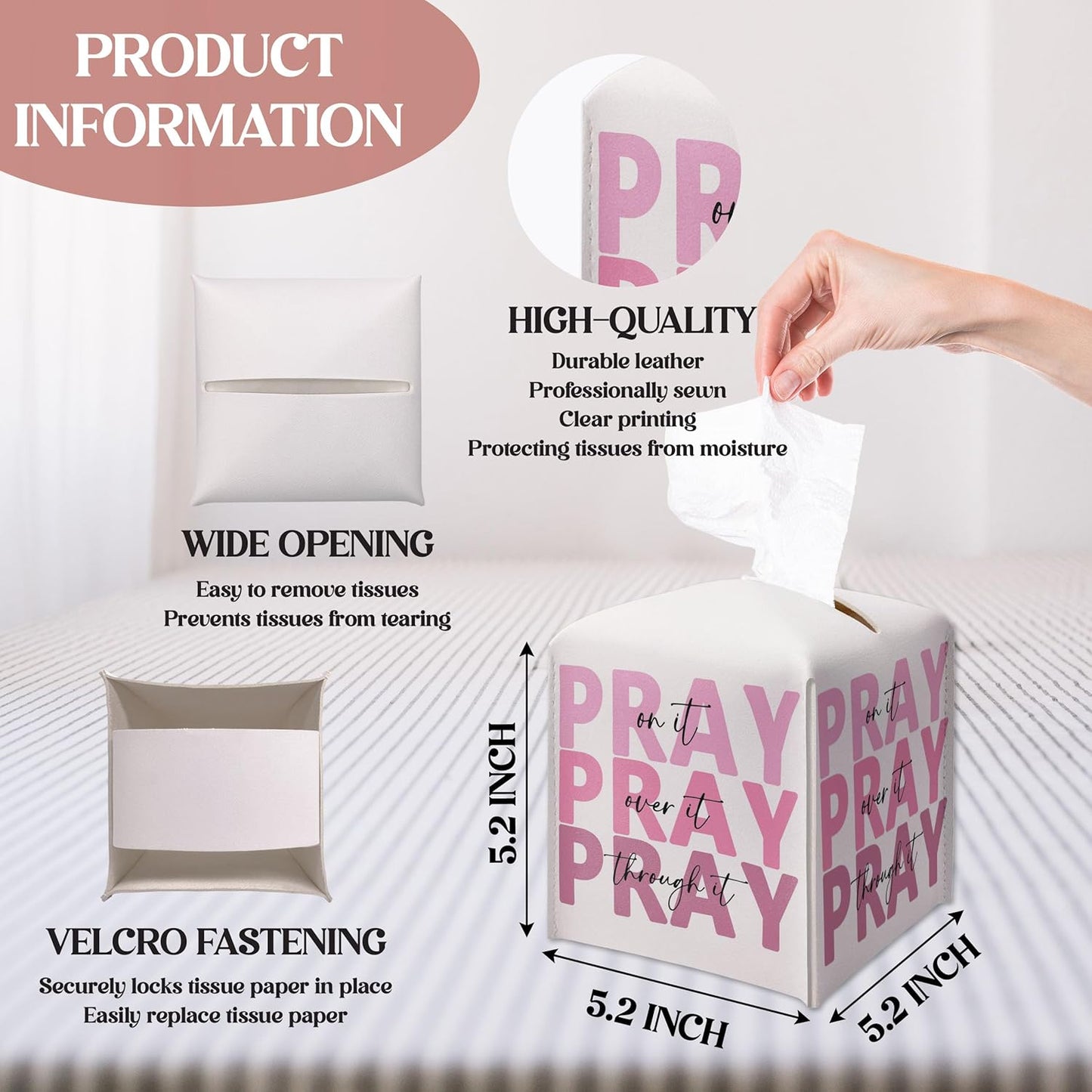 Pink Christian Tissue Box Cover, Pray On It Pray Over It Pray Through It, Square Decorative Tissue Box Holder, Christian Gifts for Women, Leather Toilet Paper Cover for Tabletop Office-A34