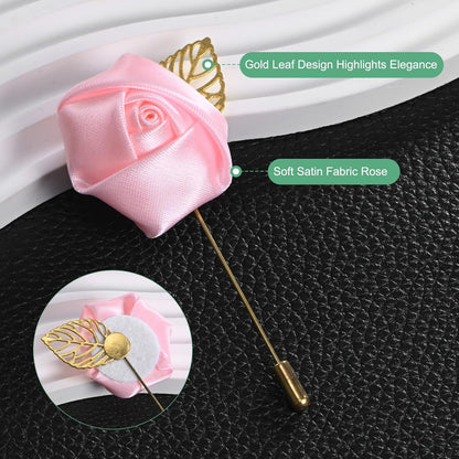 M METERXITY 12-Pack Flower Lapel Pins for Men, Golden Leaf Rose Boutonnieres Pin for Wedding/Dance/Party, Mens Lapel Pins for Suits Satin Flower Corsage Hat Pins [Pink]