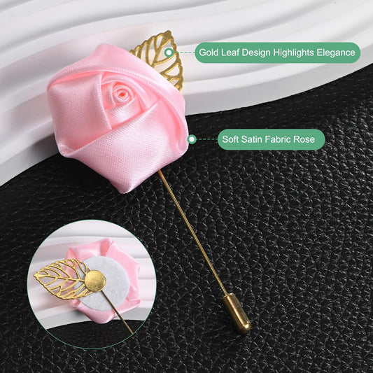 M METERXITY 12-Pack Flower Lapel Pins for Men, Golden Leaf Rose Boutonnieres Pin for Wedding/Dance/Party, Mens Lapel Pins for Suits Satin Flower Corsage Hat Pins [Pink]