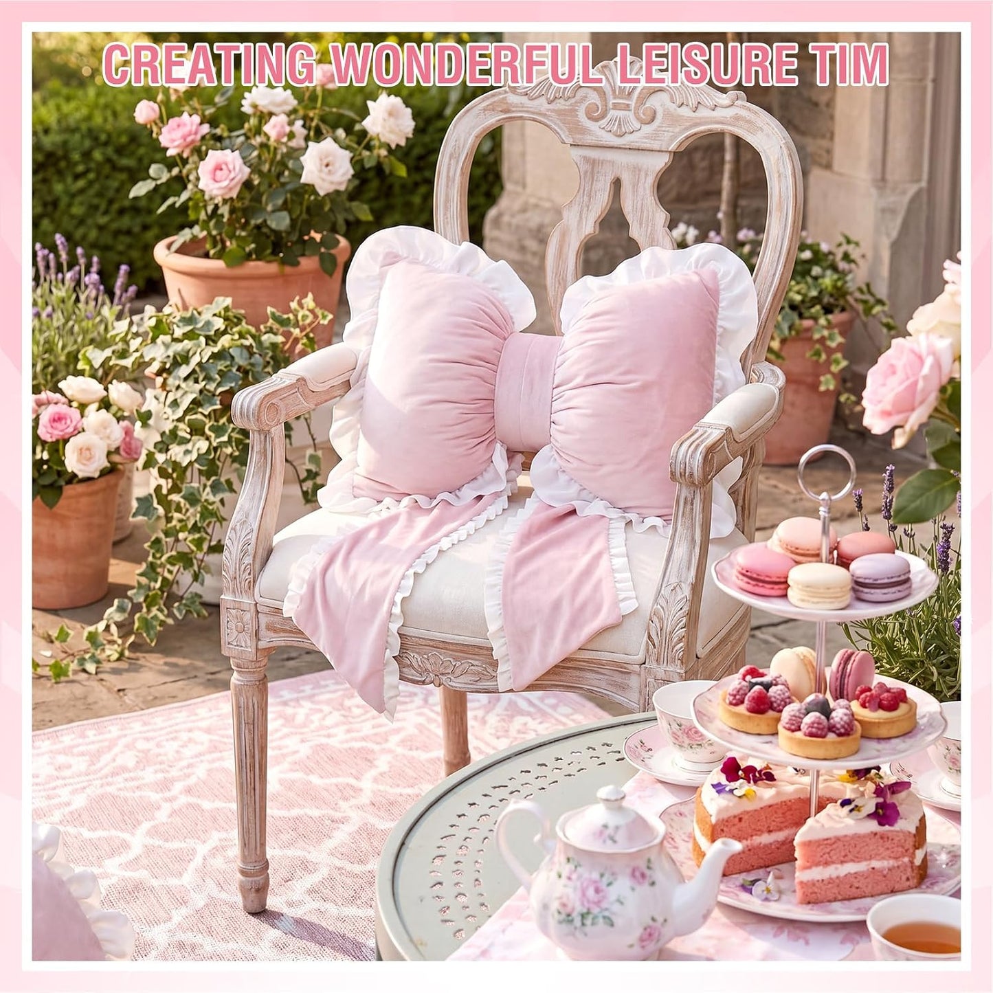 Yousoontic 2 Pcs Pink Bow Pillows with Ruffles 17.72 x 15.75'' Bowknot Shaped Throw Pillows Cute Coquette Decorative Pillow for Bed Couch Sofa Bow Lumbar Pillow with Long Tails