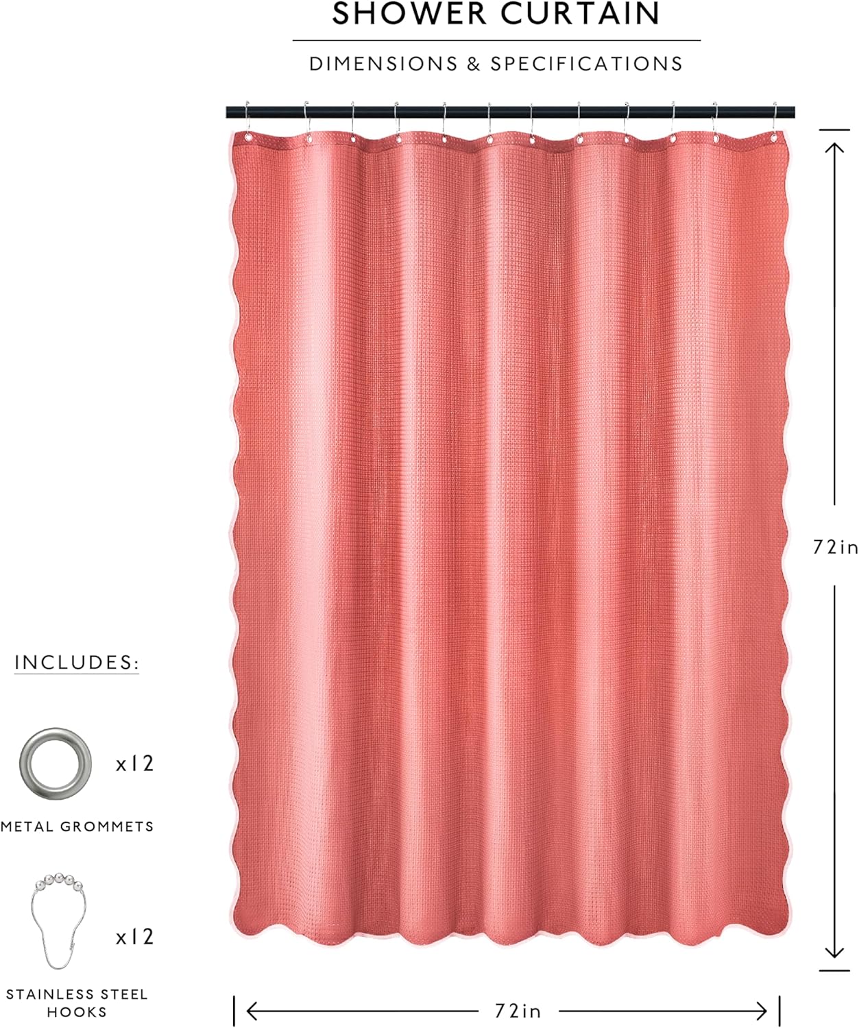 MONDAY MOOSE Scalloped Waffle Weave Shower Curtain with Rustproof Metal Grommet Holes for Bathroom, Machine Washable, Hooks Included (72x72 inch, Light Coral/Coral)