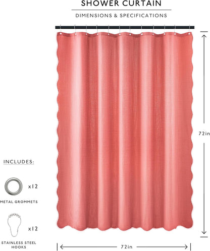 MONDAY MOOSE Scalloped Waffle Weave Shower Curtain with Rustproof Metal Grommet Holes for Bathroom, Machine Washable, Hooks Included (72x72 inch, Light Coral/Coral)