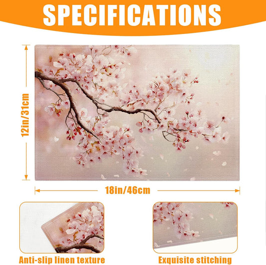 Cherry Blossom Pink Flower Placemats Set of 6,12 x 18 Inch Table Mats Washable Heat Resistant Linen Fabric Rectangle Place Mat for Party Home Kitchen Dining