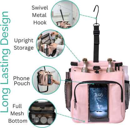 TERRA HOME XL Portable Shower Caddy Bag for Girls with Extra Storage, Durable Mesh Bottom, Shoulder Strap, Keychain Holder Shower Caddy Case for College Dorms - Travel Vacation Essentials (Blush Pink)