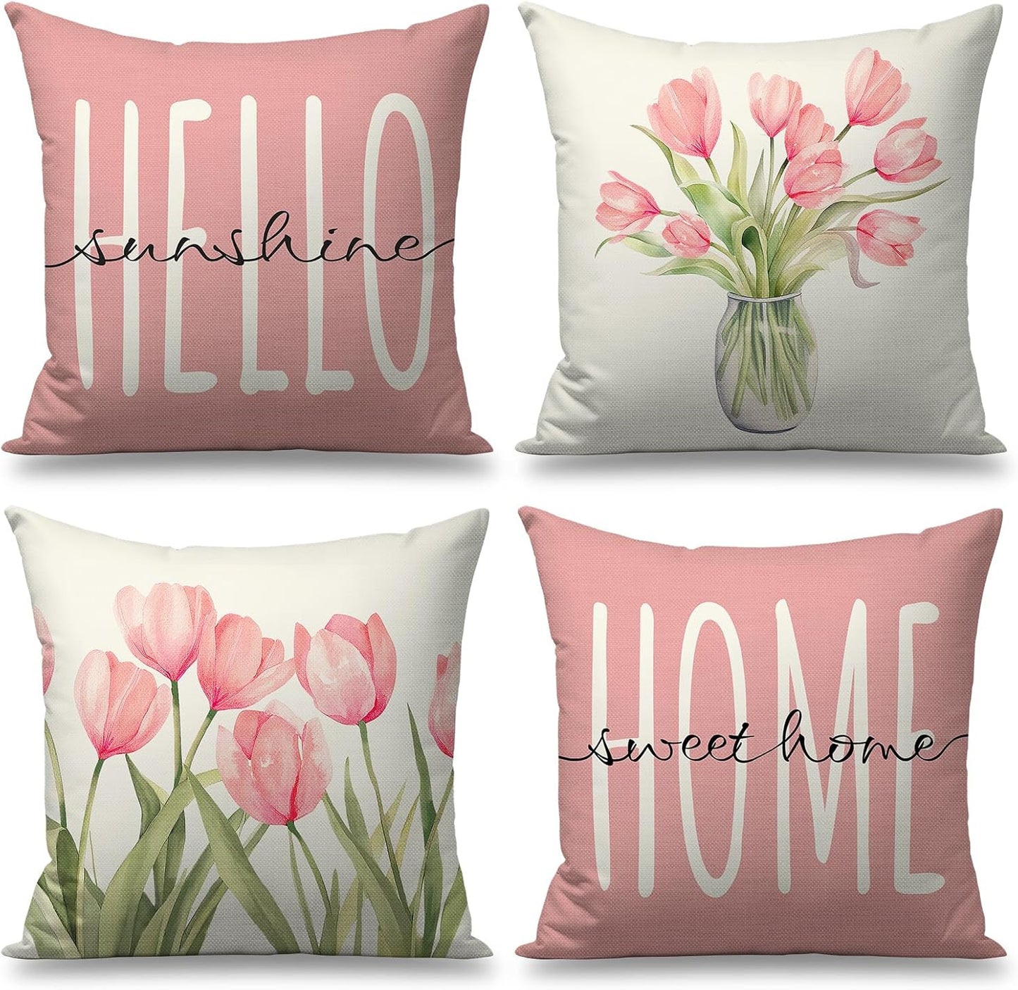 Pillow Covers 18x18 Set of 4 Tulip Home Sweet Home Pink Throw Pillows Decorative Pillow Cases Hello Summer Spring Seasonal Farmhouse Decorations for Sofa Couch