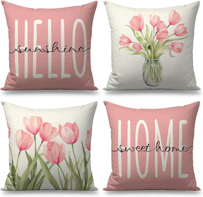 Pillow Covers 18x18 Set of 4 Tulip Home Sweet Home Pink Throw Pillows Decorative Pillow Cases Hello Summer Spring Seasonal Farmhouse Decorations for Sofa Couch