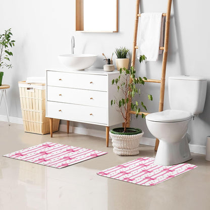 Pink Bows and Stripes Bathroom Rugs, Ultra Soft Absorbent Plush 16” x 24” Bath Mats, Non-Slip Machine Washable Shaggy Floor Rugs for Bathroom Tub