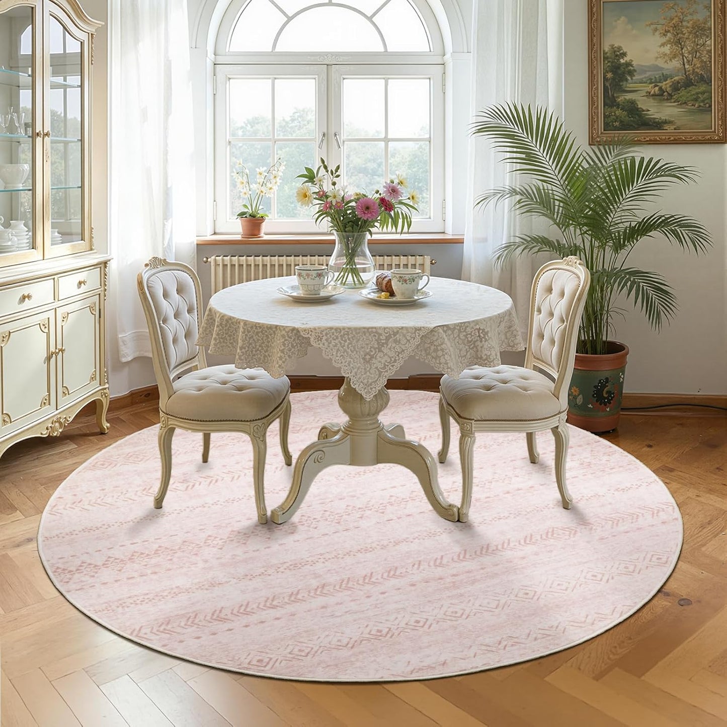 6FT Round Area Rug for Living Room, Washable Boho Moroccan Geometric Rug, Soft Low Pile Non Slip Large Indoor Carpet for Bedroom Dining Room Home Office, Neutral Farmhouse Rug,Pink