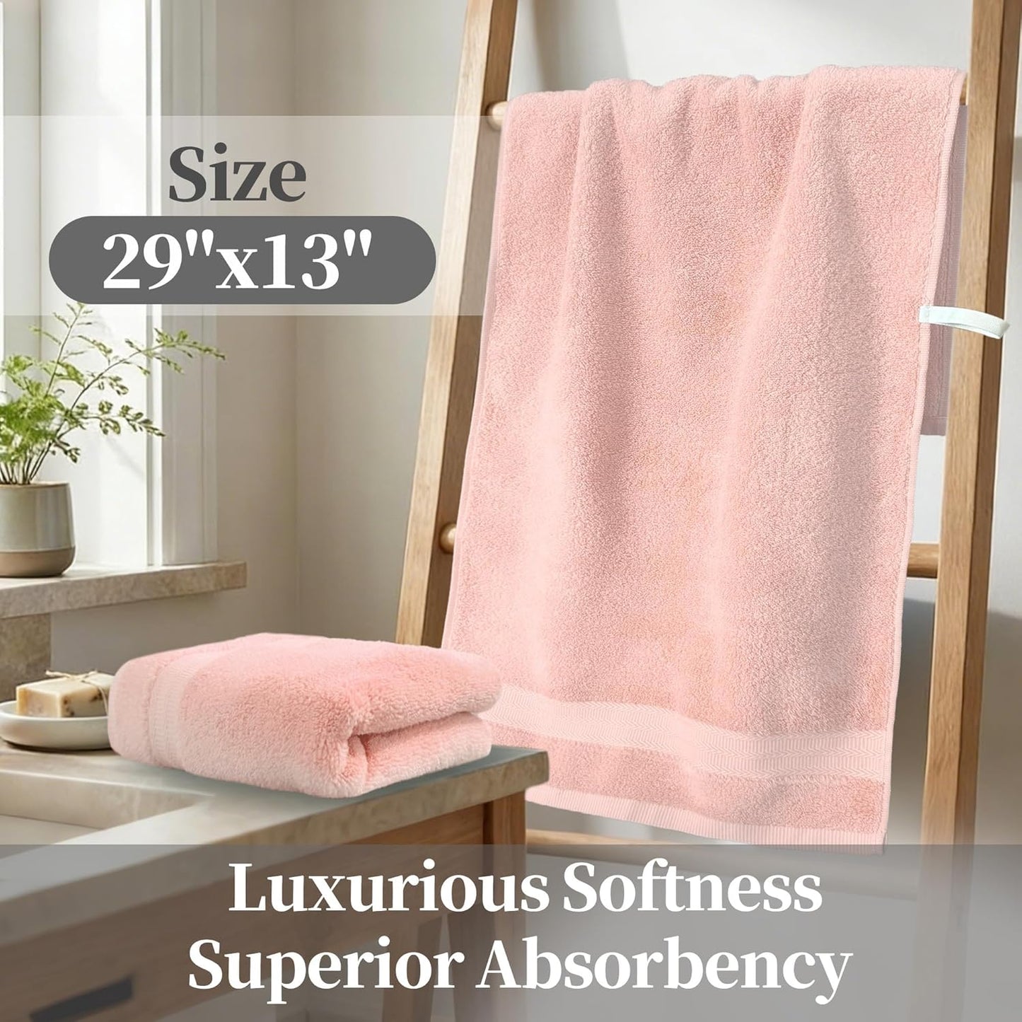VOOVA & MOVAS Light Pink 100% Cotton Hand Towels Set of 2 with Hanging Loop (13"x29") - Lightweight, Quick Dry & Soft, Hotel Spa Quality Face Towel Set, Essential for Bathroom, Dorm, Travel & Gift