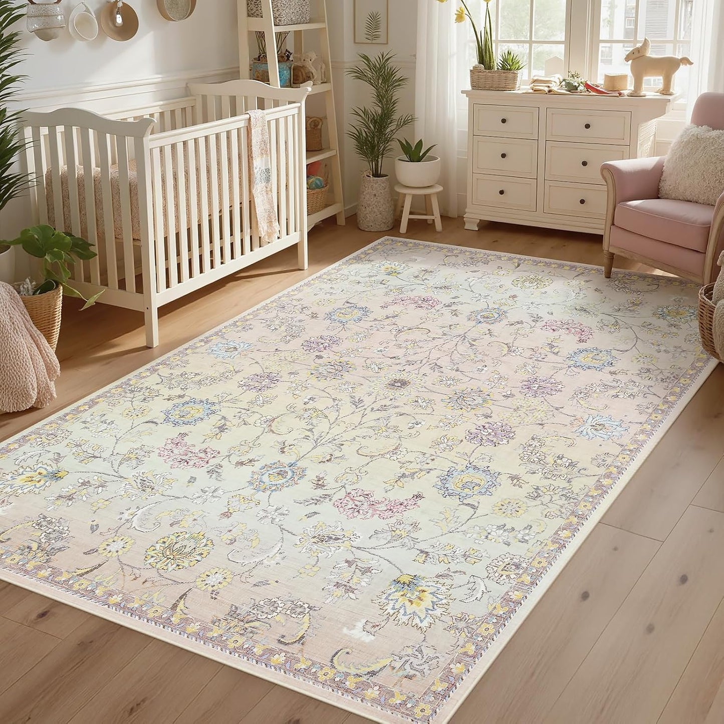 Joydeco Light Pink 5x7 Area Rugs for Bedroom Girls Nursery, Machine Washable Boho Rugs for Living Room Non Slip, Floral Soft Indoor Floor Carpet for Playroom Kids Room Dorm Classroom