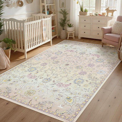 Joydeco Light Pink 5x7 Area Rugs for Bedroom Girls Nursery, Machine Washable Boho Rugs for Living Room Non Slip, Floral Soft Indoor Floor Carpet for Playroom Kids Room Dorm Classroom