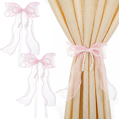 Bowknot Curtain Tiebacks, 2 Pcs Pink Lace Bow Butterfly Tieback with Pearls, Elegant Curtain Holders, Sweet Curtains Holdbacks Buckles for Bedroom Living Room Wedding Party Home Cafe Decoration