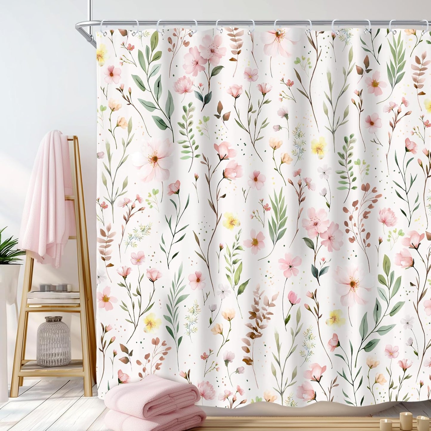 Riyidecor Pink Floral Flower Shower Curtain for Bathroom Decor 72Wx72H Light Pink Green Farmhouse Leaves Plants Botanical Boho Countryside Art Printed Fabric Polyester Waterproof 12 Pack Plastic Hooks