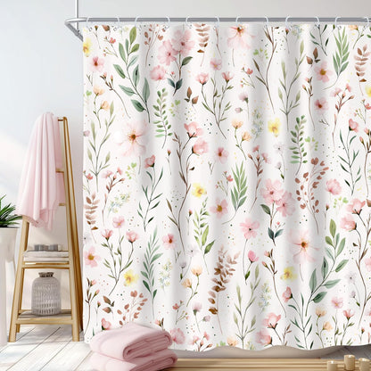 Riyidecor Pink Floral Flower Shower Curtain for Bathroom Decor 72Wx72H Light Pink Green Farmhouse Leaves Plants Botanical Boho Countryside Art Printed Fabric Polyester Waterproof 12 Pack Plastic Hooks