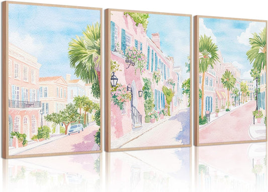 Charleston South Carolina Wall Art Preppy Watercolor Posters Pastel Coquette Canvas Wall Art Decor Trendy Coastal Aesthetic Prints Pink Blue Watercolor Painting for Bedroom 12x16x3 Inch Unframed