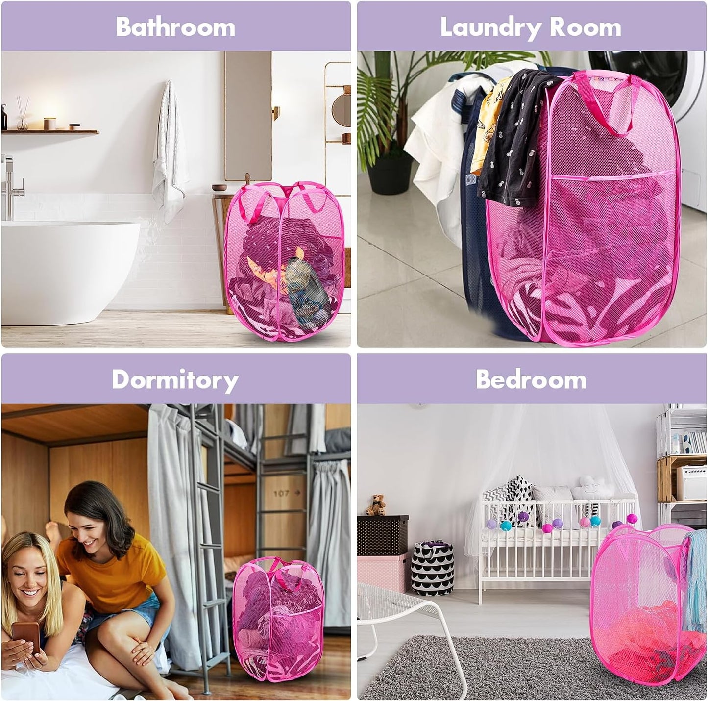 DUCOO Pop Up Laundry Hamper, 70L Collapsible Mesh Laundry Basket with Side Pocket, Foldable Dirty Clothes Hamper with Sturdy Reinforced Handles for Home Dorm Bedroom Travel Storage, Pink, 2Pack