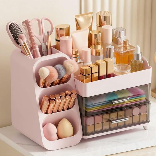 Large Capacity Makeup Organizer Countertop with Makeup Brush Holder for Vanity, Thickened Material, Bathroom Countertop Organizer Skin Care Perfumes Storage, Teen Girl Gifts for 12-23 Year（pink）