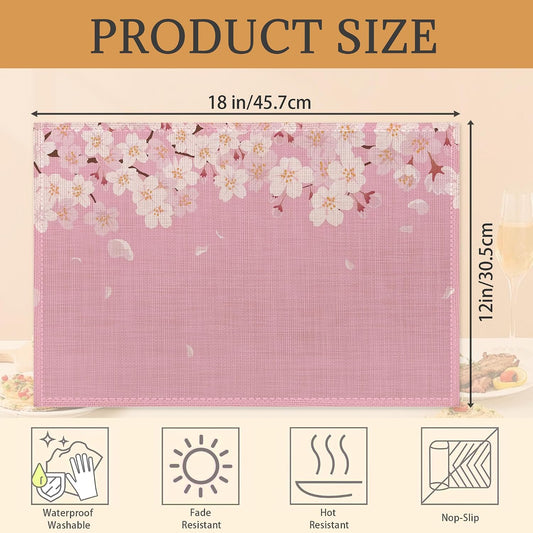 Japanese Cherry Blossom Placemats Set of 6 Washable Table Mats for Kitchen Dining Table,Heat-Resistant Pink Flowers Place Mats for Indoor Outdoor Party Holiday Decoration
