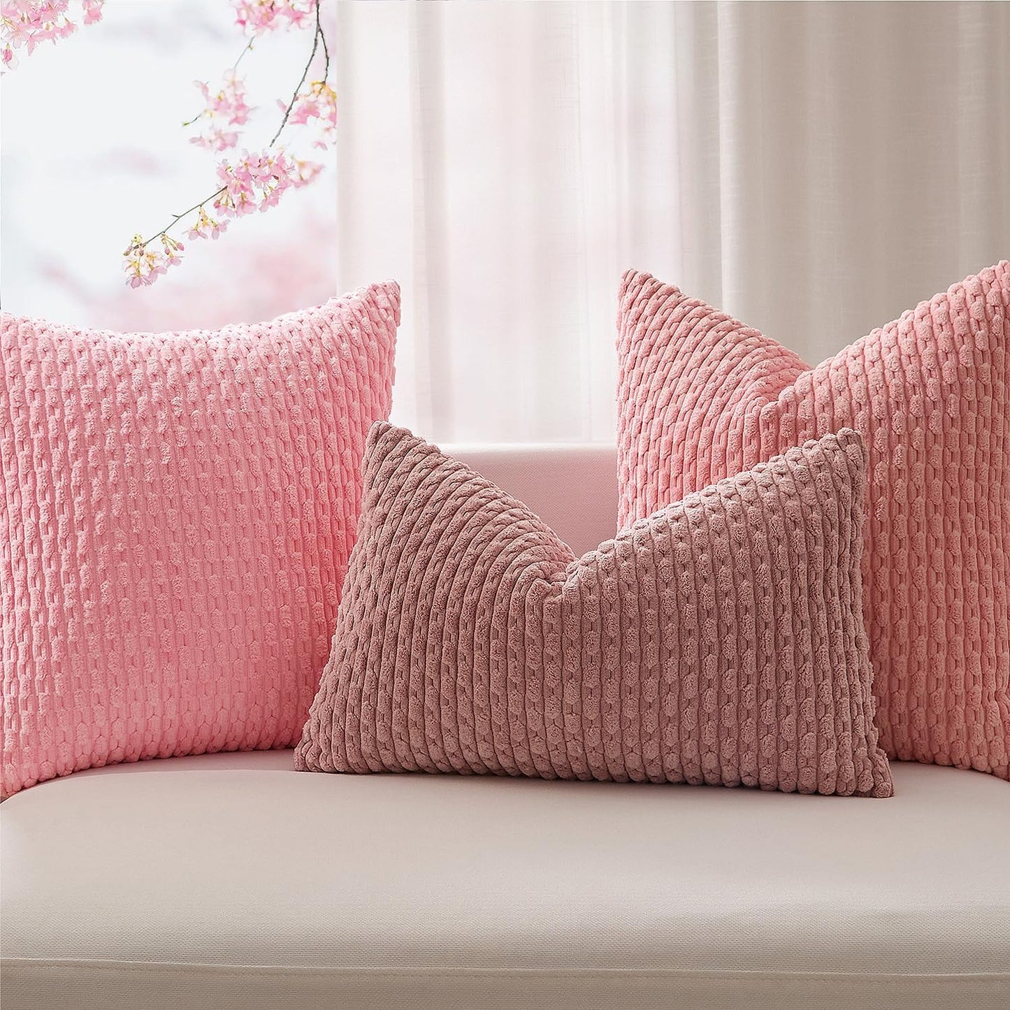 Kevin Textile Valentines 14x22 Inch Pillow Cover 1 Pack Boho Decorative Soft Striped Corduroy Lumbar Farmhouse Accent Rectangle Cushion Case for Living Room Couch Sofa Bed, Pink