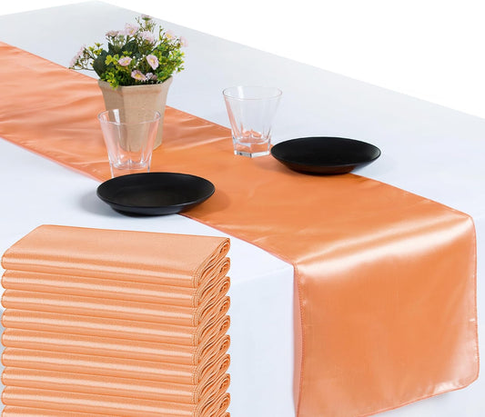 VDS Pack of 2 Satin Table Runners 12" x 108" - Charmeuse Sateen Silk Centerpiece Cloth Linen for Wedding Birthday Graduation Engagement Ceremony Event Party Banquet Table Decoration (Peach)