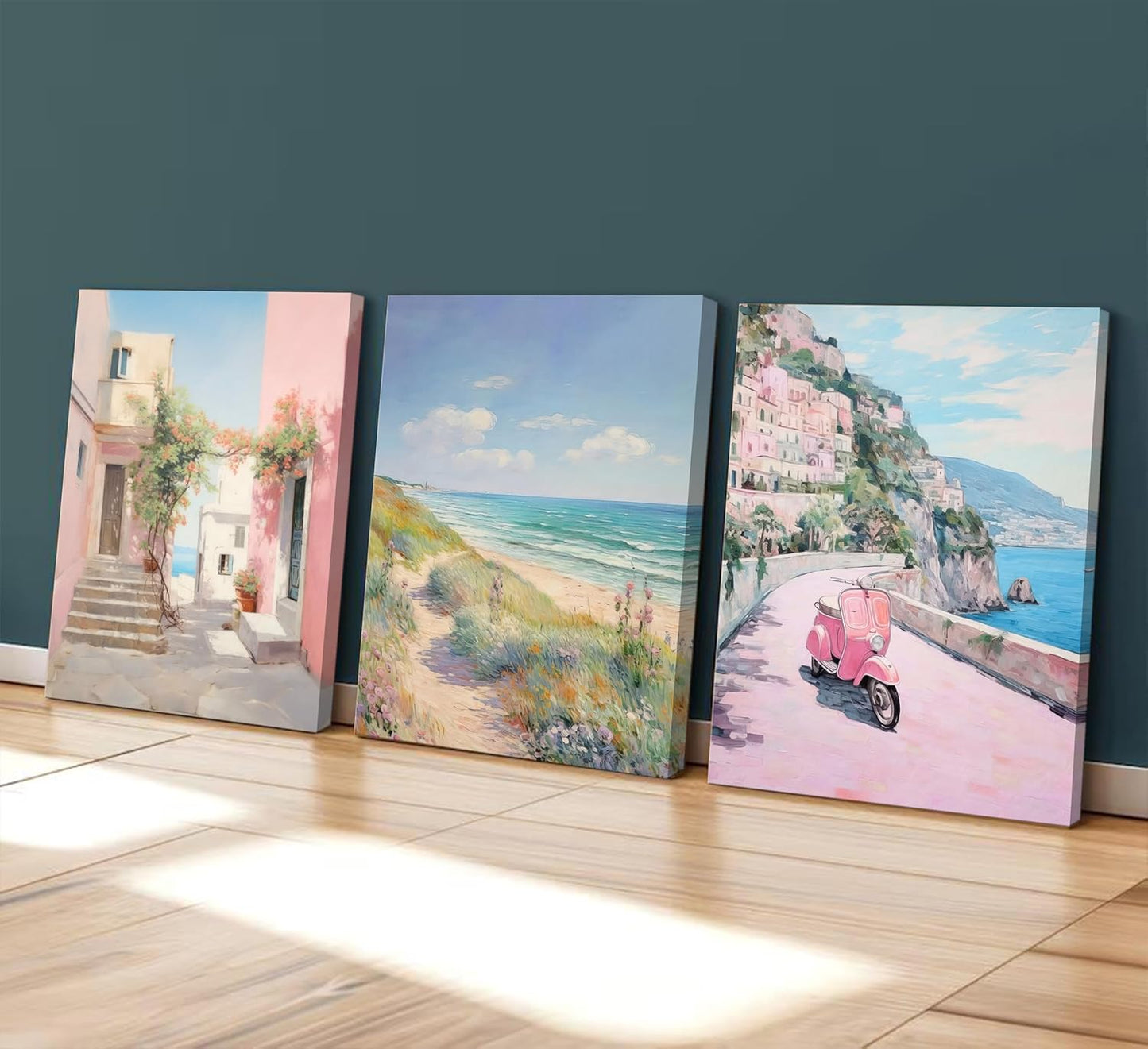 3Pcs Amalfi Coast Pastel Canvas Wall Art Trendy Pink Beach Preppy Painting Picture Wall Decor Aesthetic Italian Beachy Landscape Poster Print Artwork for Teen Girl Dorm Girls Room Home Decoration