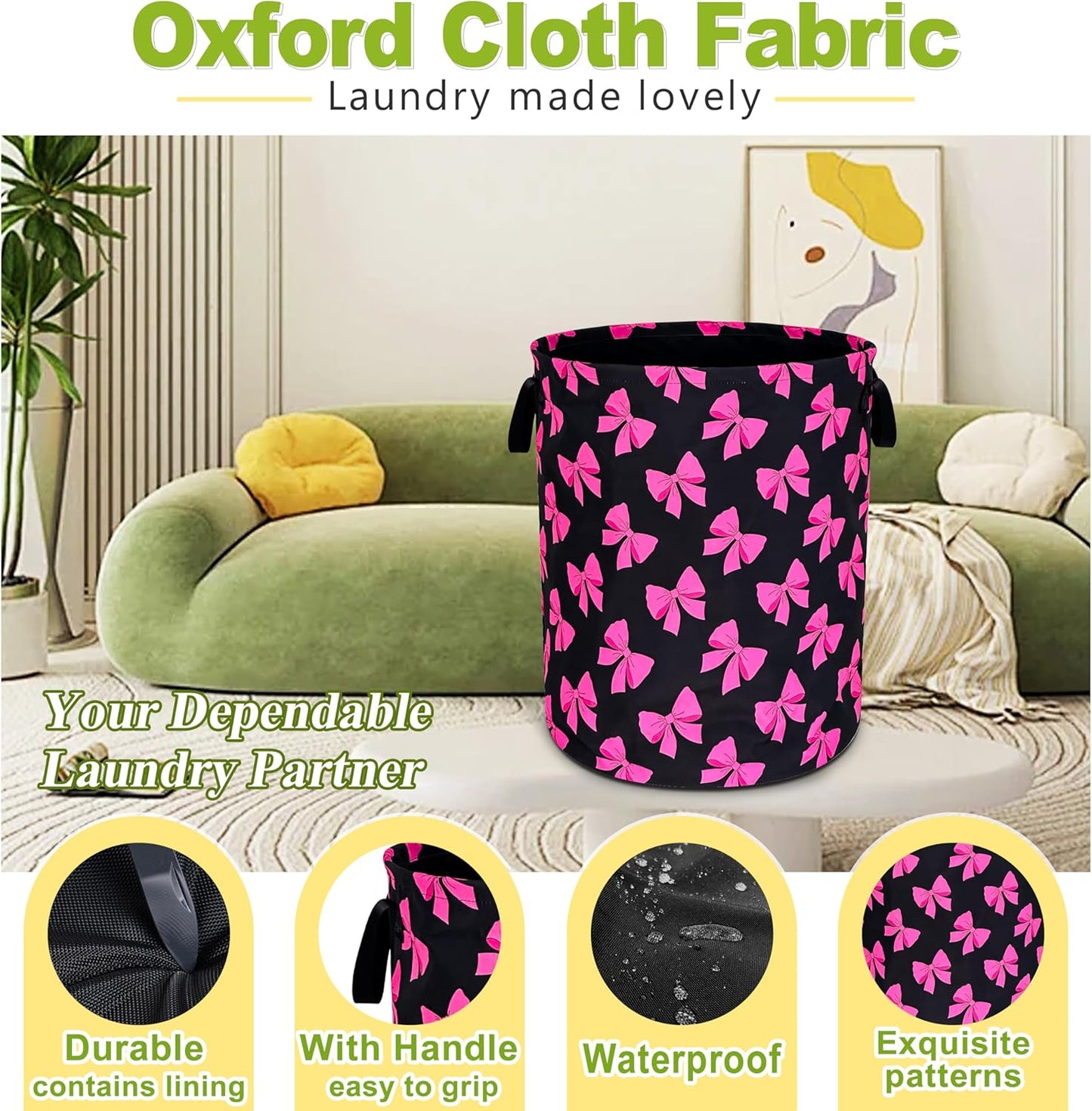 Pink Bow Laundry Basket Funny Bowknot Foldable Waterproof Oxford Cloth Tote Bag Laundry Hamper Round Large Clothes Storage Bucket Organizer For Bathroom/Laundry Storage/Bedroom 18.9x16.5 Inch