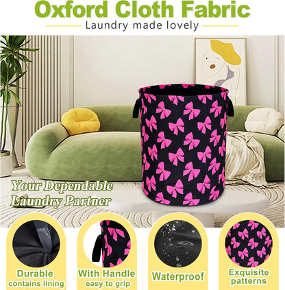 Pink Bow Laundry Basket Funny Bowknot Foldable Waterproof Oxford Cloth Tote Bag Laundry Hamper Round Large Clothes Storage Bucket Organizer For Bathroom/Laundry Storage/Bedroom 18.9x16.5 Inch