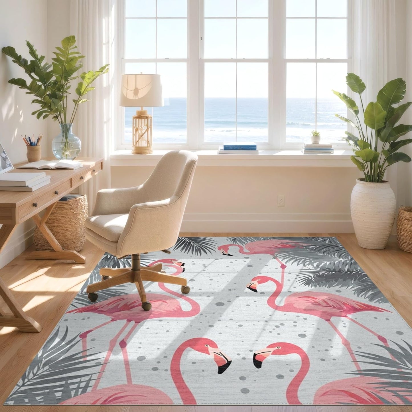 Design&I 4'x6' Machine Wash Ready Modern Palm Tree Area Rug, Light Grey for Home Office, Gaming Room, Under Desk, Chair-Friendly & Snag-Free Skid-Resistant Medium Carpet | 2088597