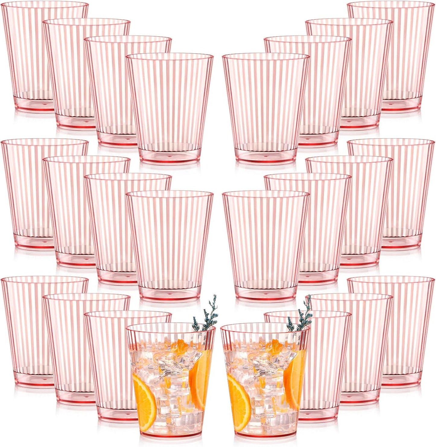 24 PCS Plastic Ribbed Drinking Glasses Pink 10oz Vintage Ripple Stemless Wine Glasses Cocktail Tumbler Glass Cups Disposable Retro Glasses Drinkware for Valentine Baby Shower Wedding
